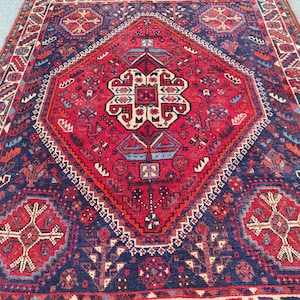 Red and Blue Rug 4x6 Antique Persian Rug, Shiraz Rug, 4x6 Caucasian Tribal Rug, Afghan Rug, Heriz Rug 4x6 Blue Handmade Rug, Red Turkish Rug