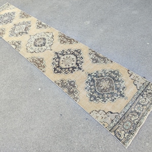 Oushak Runner Rug 2.7x13.4ft, Neutral Rug, Hallway Runner, Long Runner Wool, 3x13 Turkish Runner, Stair Rug, Handmade Runner, Vintage Rug
