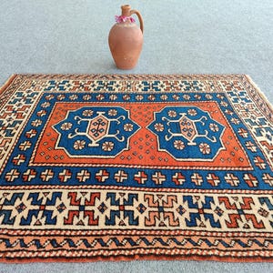 Vintage Mat Rug 3x4, Small Turkish Rug, Entry Kitchen Bathroom Rug, Faded Knotted Rug Wool, 3x4 Oushak Rug, Doormat Rug, Table Rug 3x4