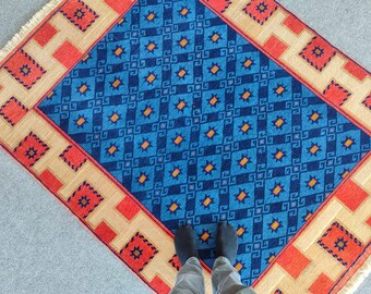Oushak Blue Rug 5x7, Vintage Area Rug, Turkish Navy Rug 5x7, Persian Rug 5x7, Bohemian Wool Rug, Blue Hand Knotted Rug, 5x7 Rug Colorful