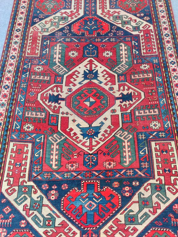 1800s Antiques Caucasian Rugs, Azerbaijan Kazak Rug, Red Navy Rug