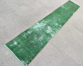 Runner Rugs 2x13, Green Runner Rug, Turkish Runner 13Ft, Narrow Long Runner Carpet 2x13 Vintage, Vibrant Runner Oushak, Green Wool Rug