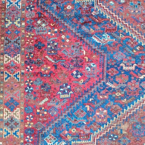 Persian Antique Rug 6x9, Shiraz Area Rugs, Traditional Large Rug, Oriental Caucasian 7x10 Rug, Red Blue Handmade Rug, Tribal Vintage Rug