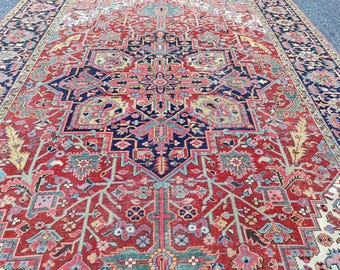 Persian Rug 8x11, Red Antique Rug, Large Rug 8x10, Ethnic Heriz Rug 8x12, Blue Rug, Oversize Hand Knotted Rug, Living Room Rug, Oriental Rug