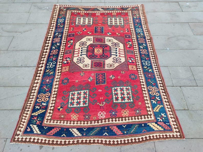 1800s Antique Karachopf Rug, Caucasian Old Rug, Red Rug, Azerbaijan ...