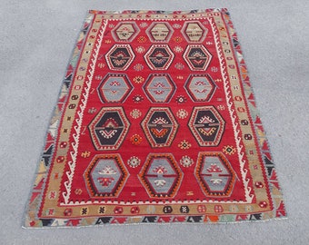 トルコ　ヴィンテージ　ラグ　　トルコラグ　ビンテージ　キリム　レッド　メダリオン 5x8、キリムラグ、レッドエリアラグ トルコキリムラグ、トルコラグ