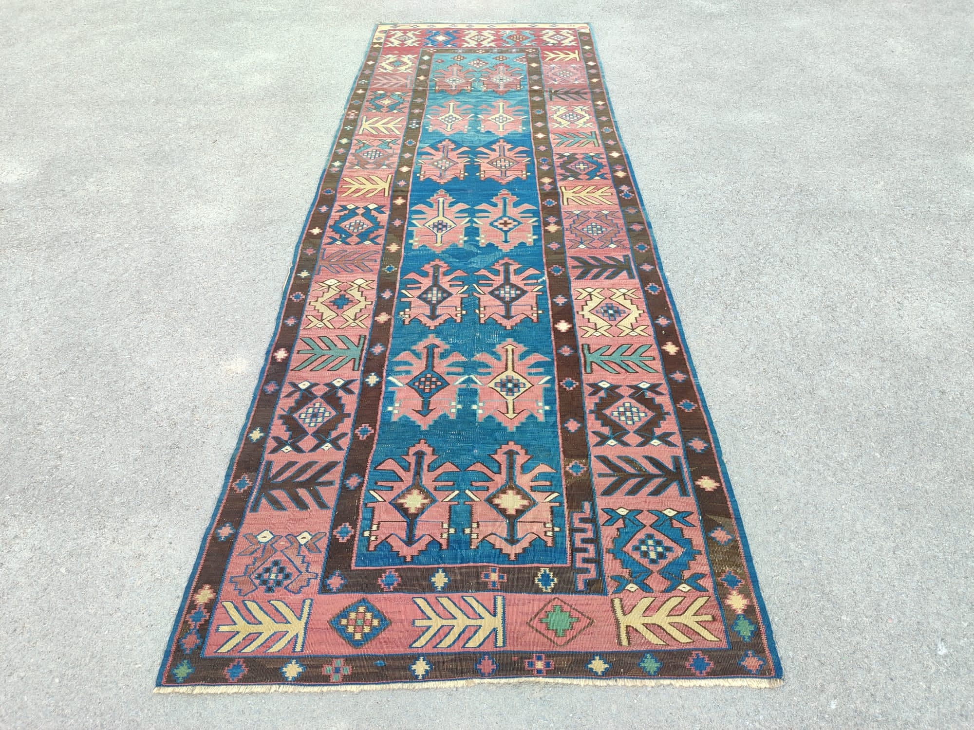 Dagestan Avar Kilim Rug 5x13, Navy Antique Caucasian Rug, Large
