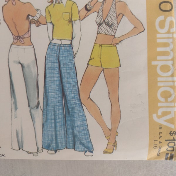 Simplicity 5640 - 70s Bell-Bottom Pants, Short Shorts, Crop Tee, and Halter Top  - Vintage Size 10 Bust 32.5" Waist 25"