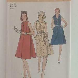May include: Simplicity sewing pattern number 6337 for a sleeveless dress. The pattern is for size 12, bust 34 inches. The pattern shows three different styles of the dress: one in red, one in a polka dot print, and one in blue.