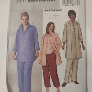 May include: A sewing pattern for a women's shirt and pants. The pattern is from Butterick and is for sizes 16W, 18W, and 20W. The pattern is called "Fast & Easy" and is designed by Kara Lyn. The pattern is shown on three models wearing different versions of the shirt and pants.