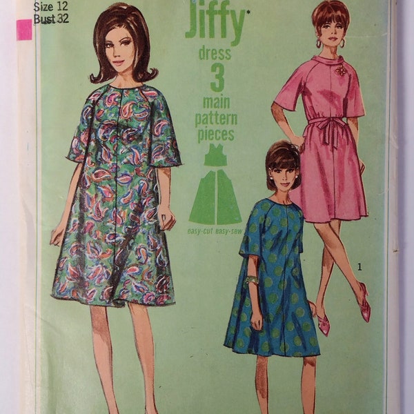 Simplicity 6820 - 60s Mod Tent Dress Pattern w-Bell Sleeves - Jewel or Mock Neck A-Line Dress - Vintage Size 12 Bust 32"