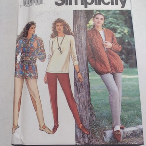 May include: Simplicity sewing pattern number 7581 for sizes 12-16. The pattern includes instructions for making a quilted jacket, a long-sleeved top, and pants. The pattern is shown on three models wearing the garments.