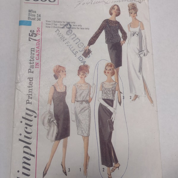 SIMPLICITY 5698 - Fitted 60s Formal or Bridal Sheath Dress w-Optional Lace Overblouse  - Vintage Size 14 (Bust 34") **See Description**