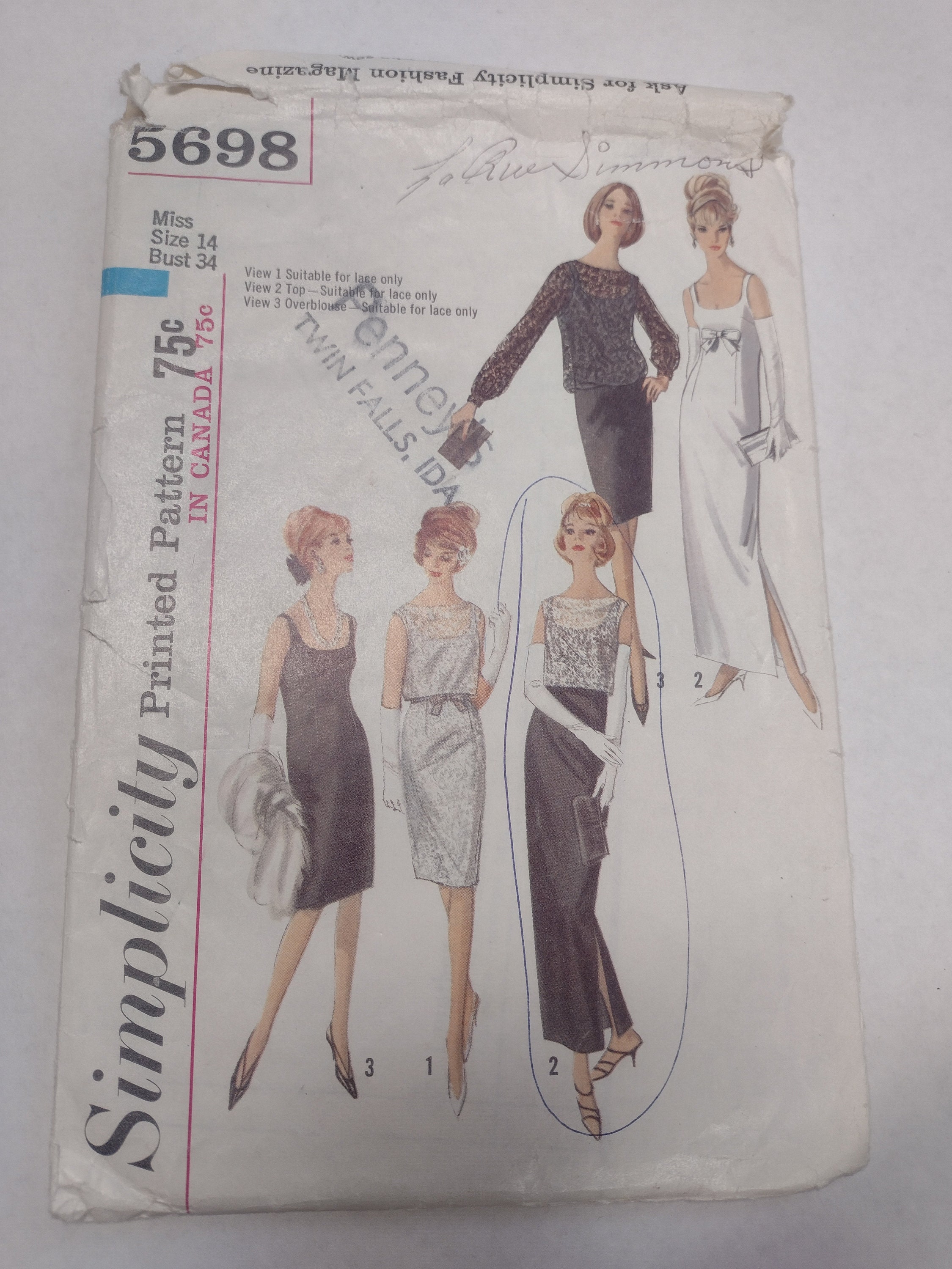 SIMPLICITY 5698 - Fitted 60s Formal or Bridal Sheath Dress w-Optional Lace Overblouse  - Vintage Size 14 (Bust 34") **See Description**