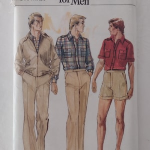 May include: Vintage Vogue Patterns for Men. The cover art features three illustrations of men in various outfits. The outfits include a tan jacket and pants, a plaid shirt and pants, and a red short-sleeved shirt and shorts. The text "Vogue Patterns for Men" is at the top.