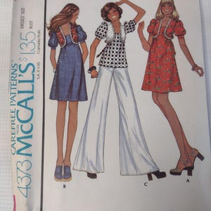 McCall&#39;s 4373 - 70s Puffed Sleeve Mini Dress Pattern w-Tie Waist & Matching Bolero Vest - Vintage Size 14 (Bust 36&quot;)