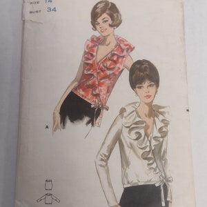 Butterick 3684 - 60s Wrap Blouse Pattern - Ruffle-Necked Sleeveless Wrap Blouse - Long Sleeve or Sleeveless - Vintage Size 14 (Bust 34&quot;)