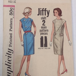May include: Simplicity sewing pattern number 4952 for a Jiffy shift dress. The pattern is for size 16, bust 36. The pattern includes two main pieces and is easy-cut and easy-sew. The pattern is printed on a white background with black text and illustrations.