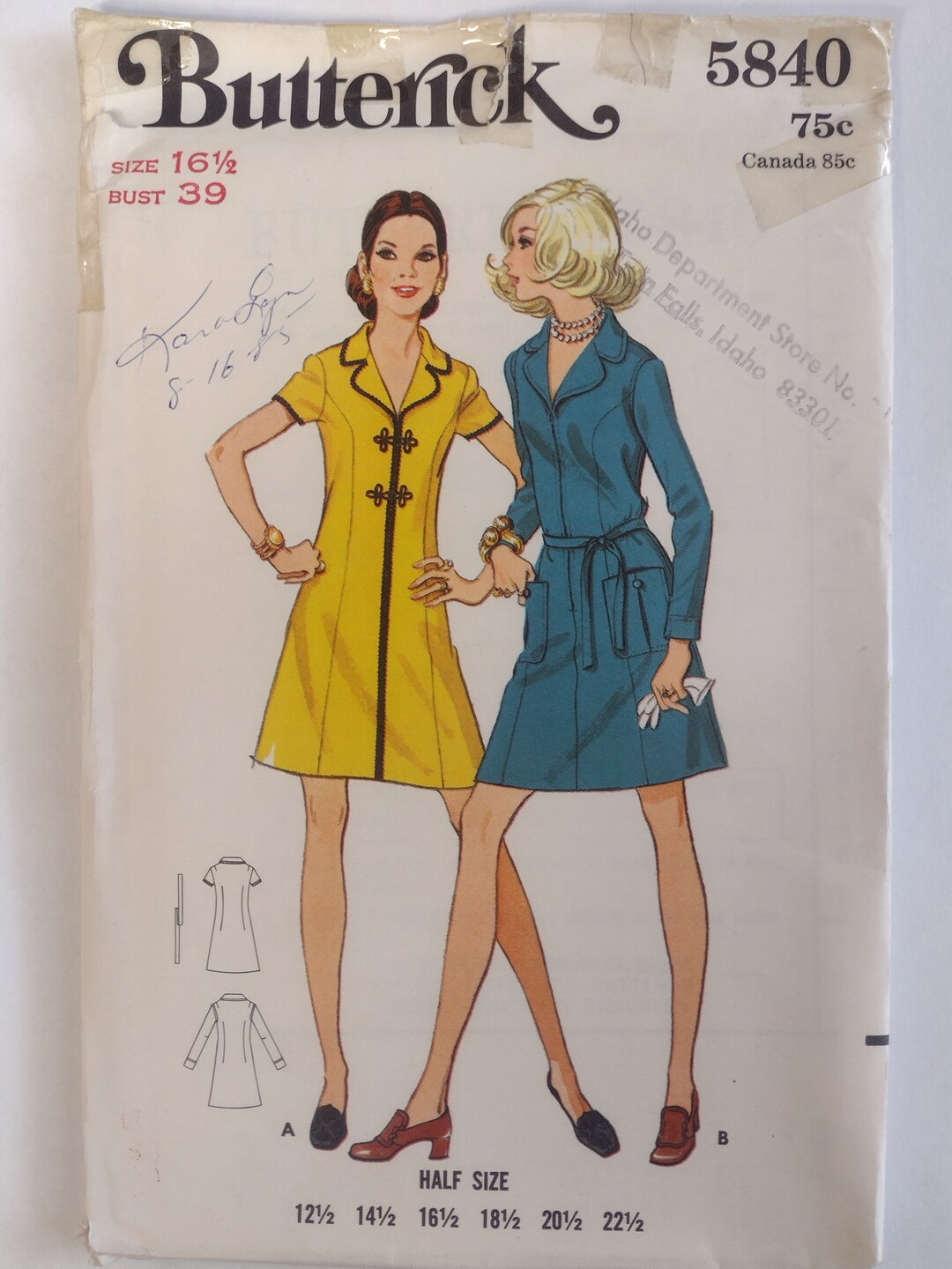 Butterick 5840 70s Aline Zip Front Dress Pattern Cheongsam Inspired