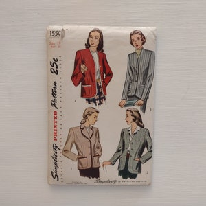 May include: Vintage Simplicity sewing pattern for a jacket, featuring four different styles. The pattern is printed on a white paper with a red and black border. The pattern number is 1550 and the price is 25 cents.
