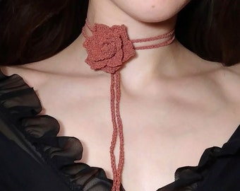 Milk Chocolate or dark brown crochet flower chokers, small and medium, 3D rose handmade necklace, costume jewellery, corsage,