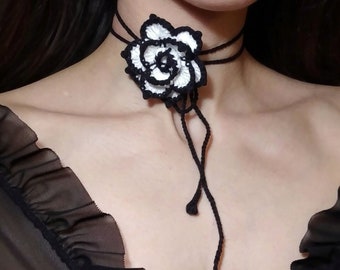 Choose from black, white and red flower chokers, medium and big size, contrasting edging border, handmade rose necklace, crochet cotton yarn