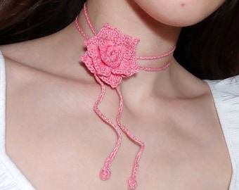 Choose from 3 pink flower chokers, 100% linen, rose necklace, curly cord, beads, pale and cyclamen pink, small size handmade necktie