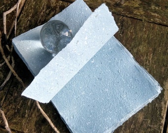 A4 handmade sheets of paper in light blue, 100% recycled, mix GSM, raw edges, soft and textured, color accents, pack of 3, 5 and 10