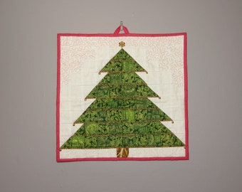 Handmade Christmas tree wall hanging quilt picture with jingle bells and gold metal star from quality fabric vintage ornament, decoration