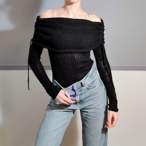 Knitted off the shoulder top with over flap part XS S M L Handmade black blouse, adjustable length flap, extra long sleeves, custom colours