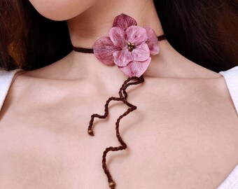 Kies uit 3 roze orchidee chokers, 100% linnen gehaakt koord in bruin, oudroze of ivoor, handgemaakte 3D exotische bloemenketting, corsage, vlinderdas