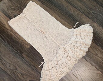 Knitted skirt with crochet wave frill hemline and detachable underskirt in cream white cotton, handmade versatile design, custom colour size