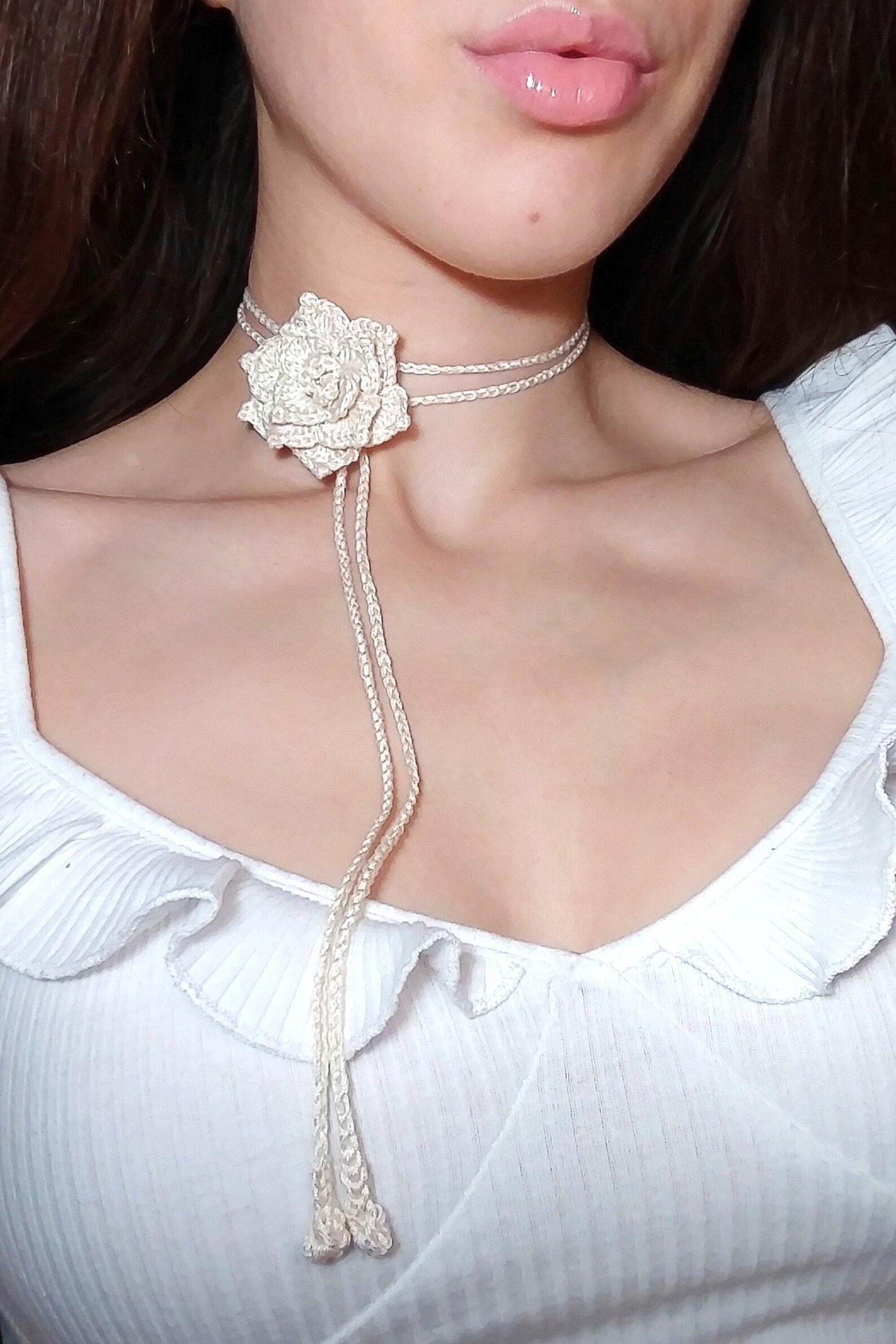 Mini Rosesste Choker Cream or Beige Crochet Flower Choker, 3D Rose Necklace From 100% Cotton ...