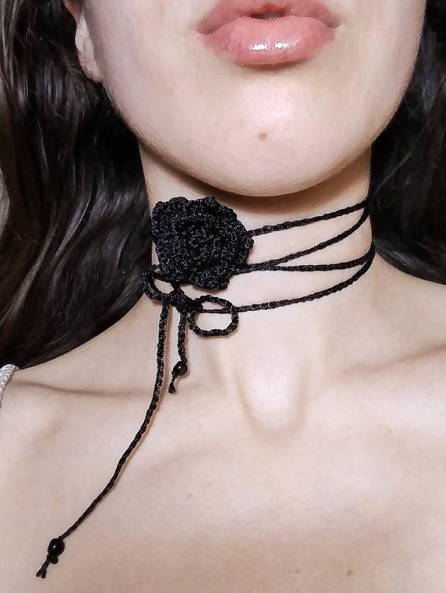 Choose From 3 Colors Crochet Flower Choker Black Tan Etsy UK