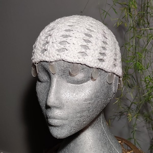 Crochet lace hat with shell design and dangling transparent mother pearl medallions, super soft breathable summer cap, custom size & colour