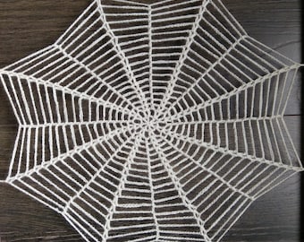 Crochet spider web Halloween decoration, white wool wall hanging, Handmade spooky knit decor, customizable size and color, indoor & outdoor