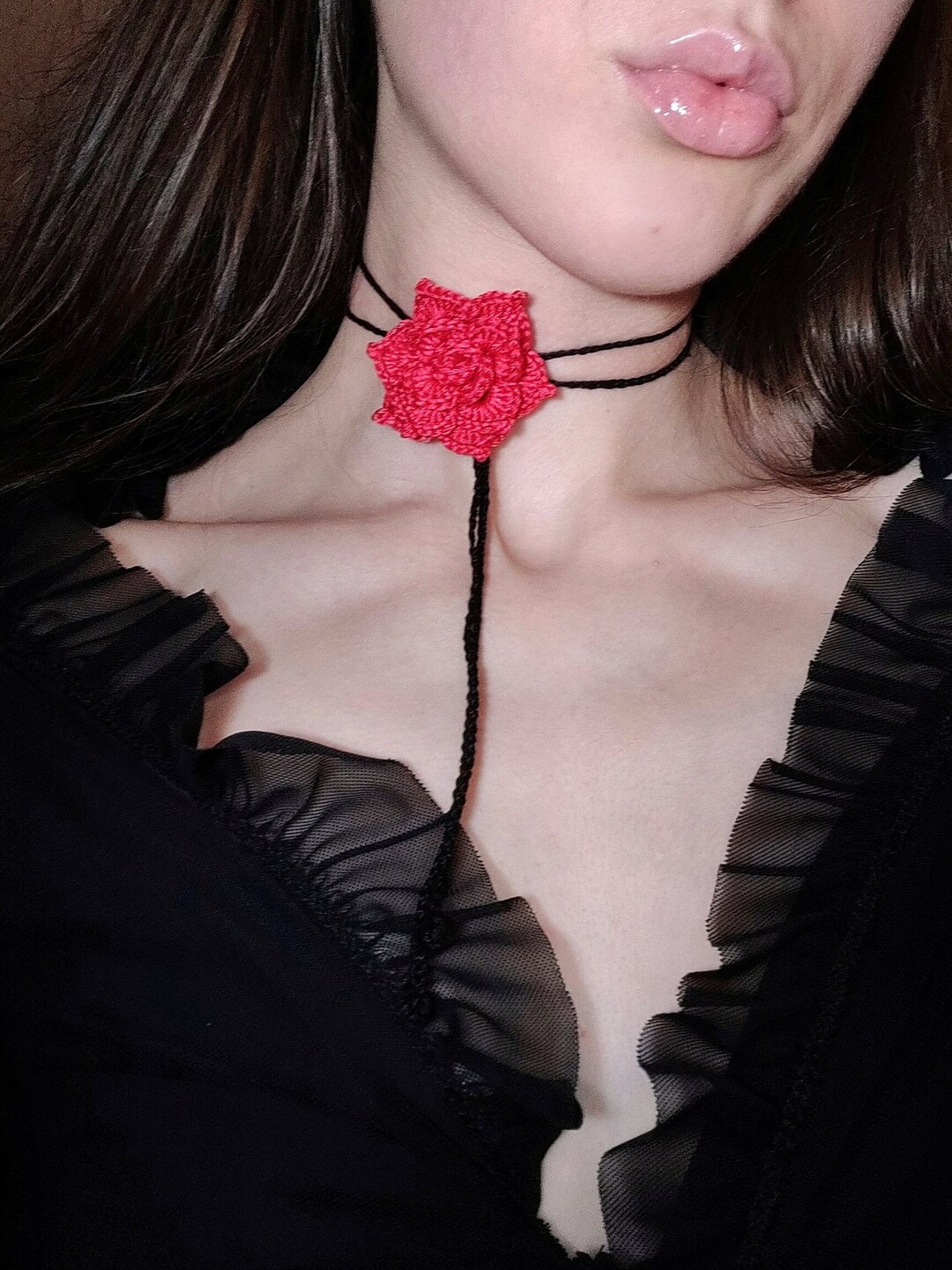 Red Rose Flower Choker With 2 Types of Leaves on Black Cord, Handmade ...