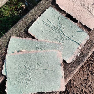 May include: Handmade paper sheets in shades of green and pink, each featuring an embossed botanical design. The paper has a textured surface and irregular edges, suggesting a natural, artisanal craft. The sheets are arranged on a weathered wooden surface.