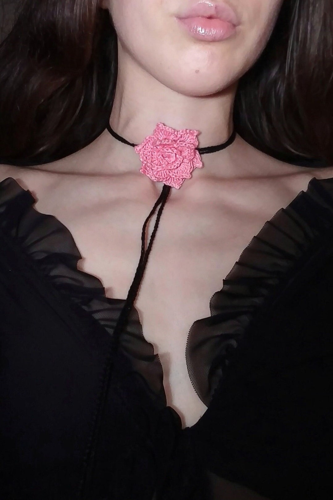 Pink Rose Flower Choker With 2 Types of Leaves, Crochet Necklace, Black ...