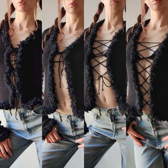 Knitted Black Cardigan S M L, Handmade Vintage Style Design