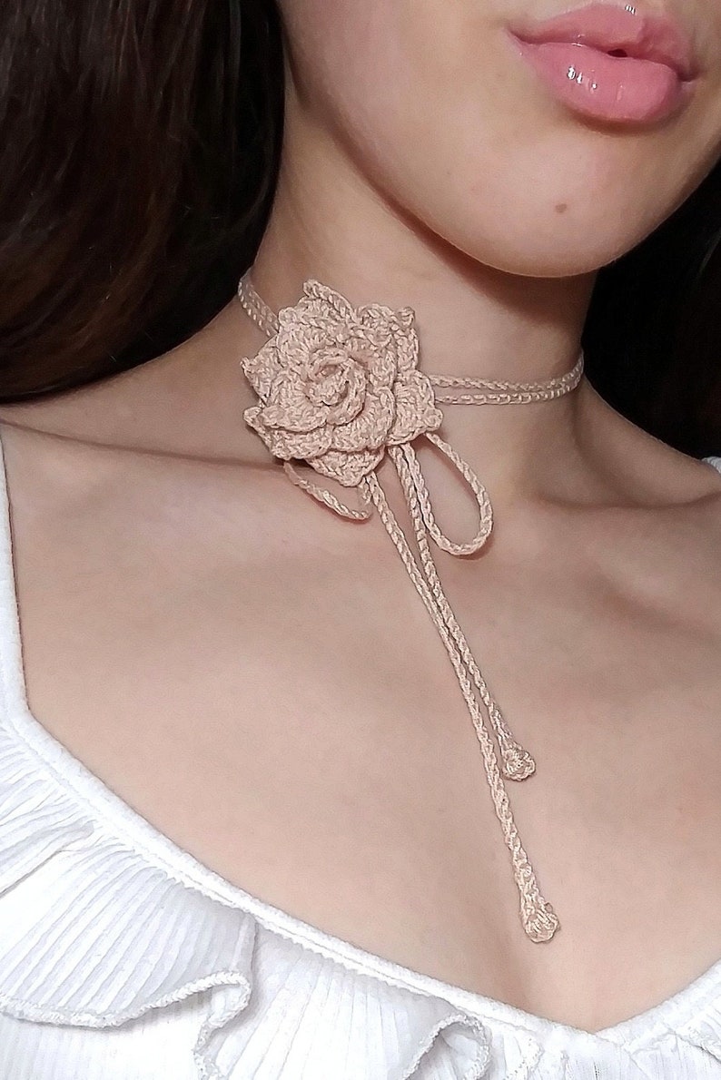Cream or Beige Crochet Flower Choker, 3D Rose Necklace From 100% Cotton ...