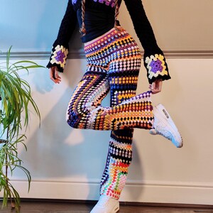Handmade crochet trousers size M/10, Granny Square patterned mesh pants, extra long tall fit, boho hippie design, multicoloured rectangle