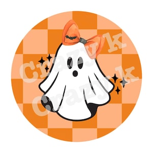 May include: A round Halloween-themed graphic featuring a white ghost with a bow and a checkered orange background. The ghost has black eyes and a mouth, with black accents on its feet. The bow is orange with a black bat. The text "Crazy K" is visible.