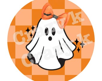 May include: A round Halloween-themed graphic featuring a white ghost with a bow and a checkered orange background. The ghost has black eyes and a mouth, with black accents on its feet. The bow is orange with a black bat. The text "Crazy K" is visible.