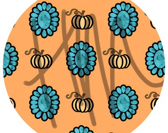 May include: A circular design featuring a repeating pattern of teal flowers and tan pumpkins on an orange background. The flowers have a dark outline and a marbled center. The pumpkins have a tan body and a dark outline. The design has a whimsical, fall theme.