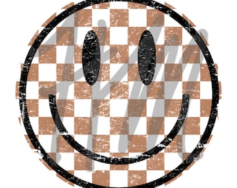 May include: A distressed, circular graphic featuring a smiley face. The face has a black outline and a checkerboard pattern in brown and white. The eyes are oval and black, and the smile is a curved black line.