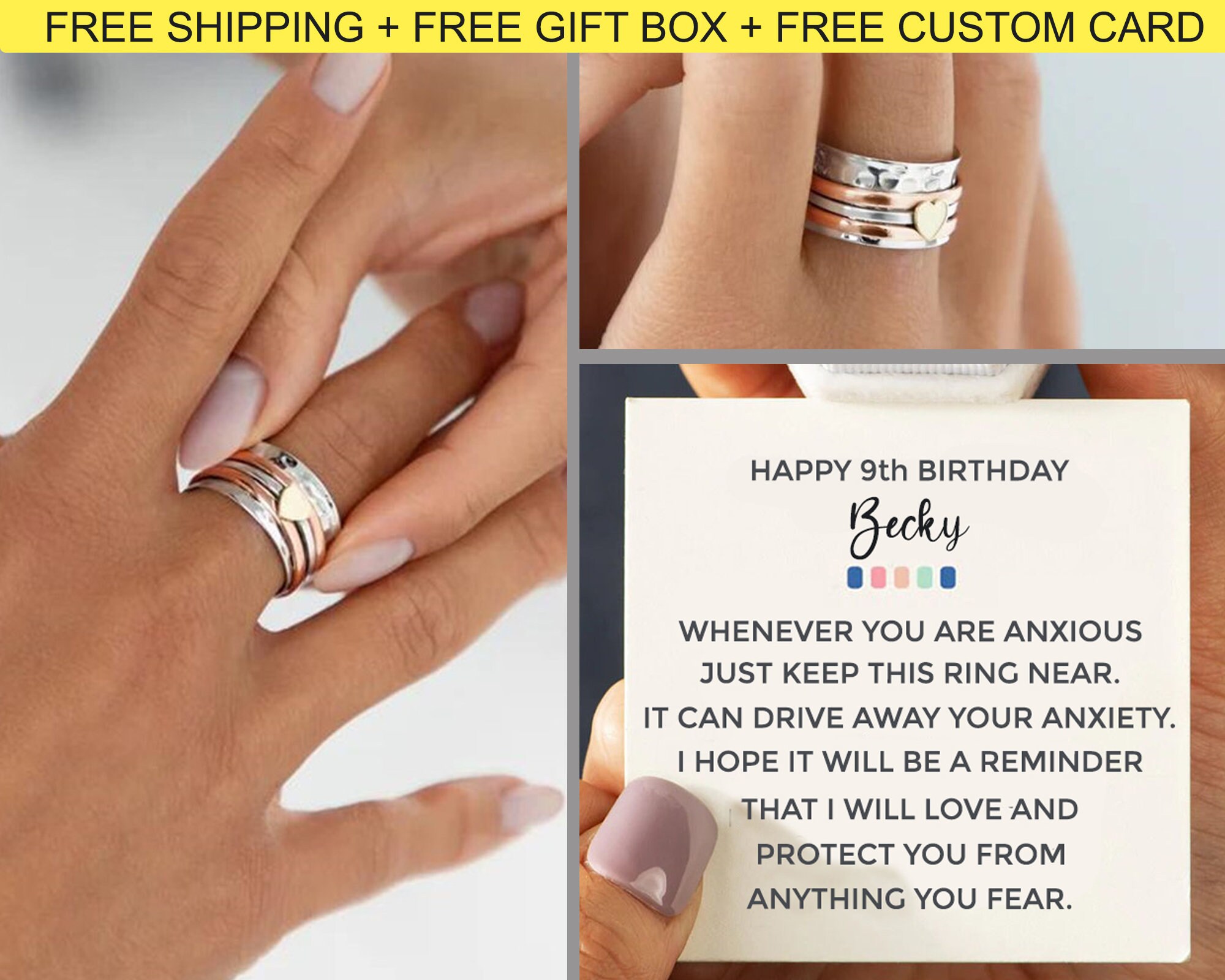 Birthday Gifts for 9 Year Old Girl, 9th Birthday Gift Girl, Anxiety Ring for Daughter, Granddaughter Birthday Gift for Sister, Daughter Ring