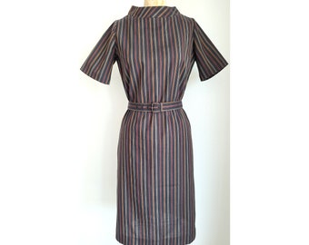 Mod vintage-1960s short sleeve, striped cotton wiggle dress with stand collar, matching belt and rear kick pleat