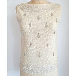 Vintage 1960s Knit Blouse: Beaded Rhinestone Embellished Sleeveless Top, Size 10