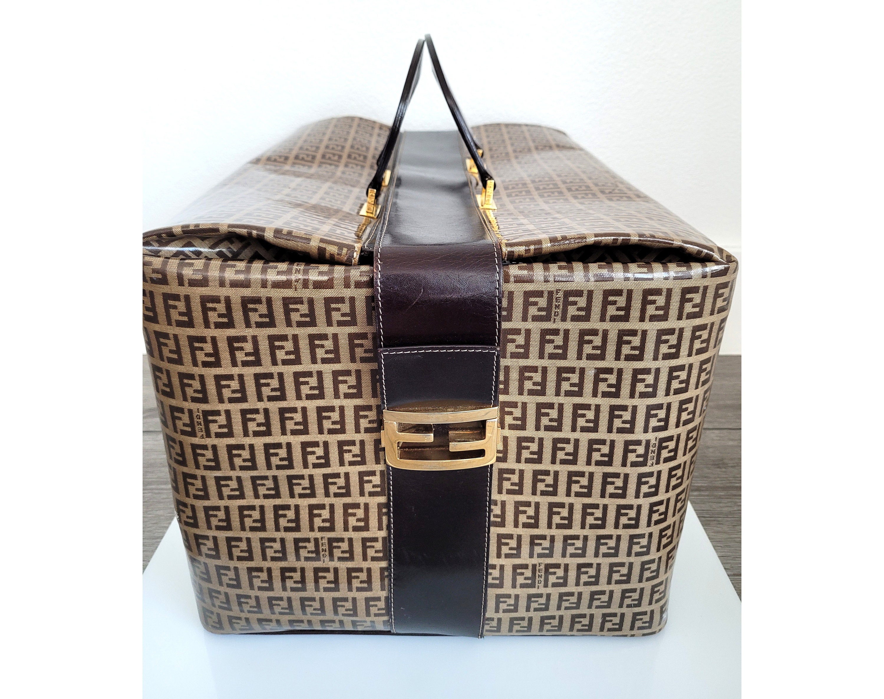 Fendi Shiny Lizard Large Zucca Weekender Travel Bag Brown